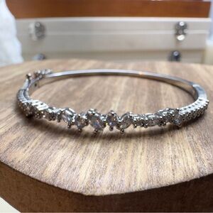Silver Tone Hinged Bangle Bracelet with Rhinestones